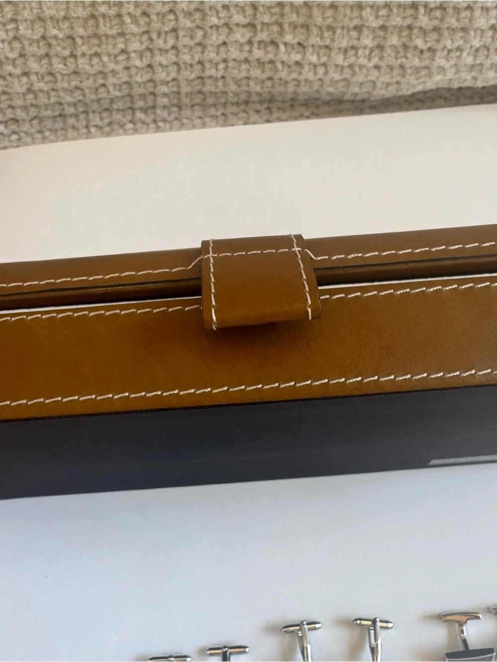 TCB Brown and Black Leather Cufflink Case with Silver-Tone Cufflinks